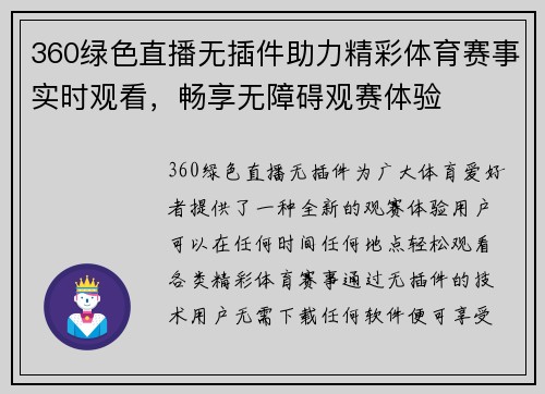 360绿色直播无插件助力精彩体育赛事实时观看，畅享无障碍观赛体验